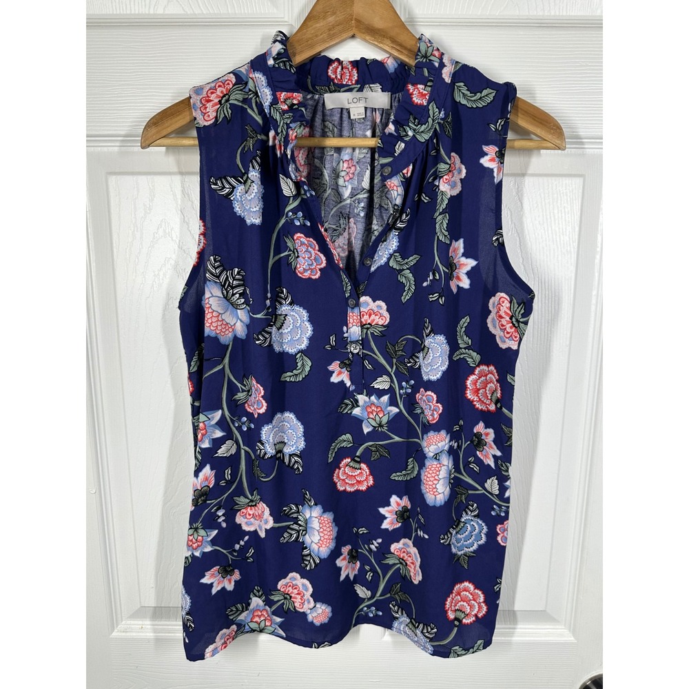 LOFT Blouse Womens Medium Blue Floral Sleeveless Ruffle Neck Henley Top‎ Casual